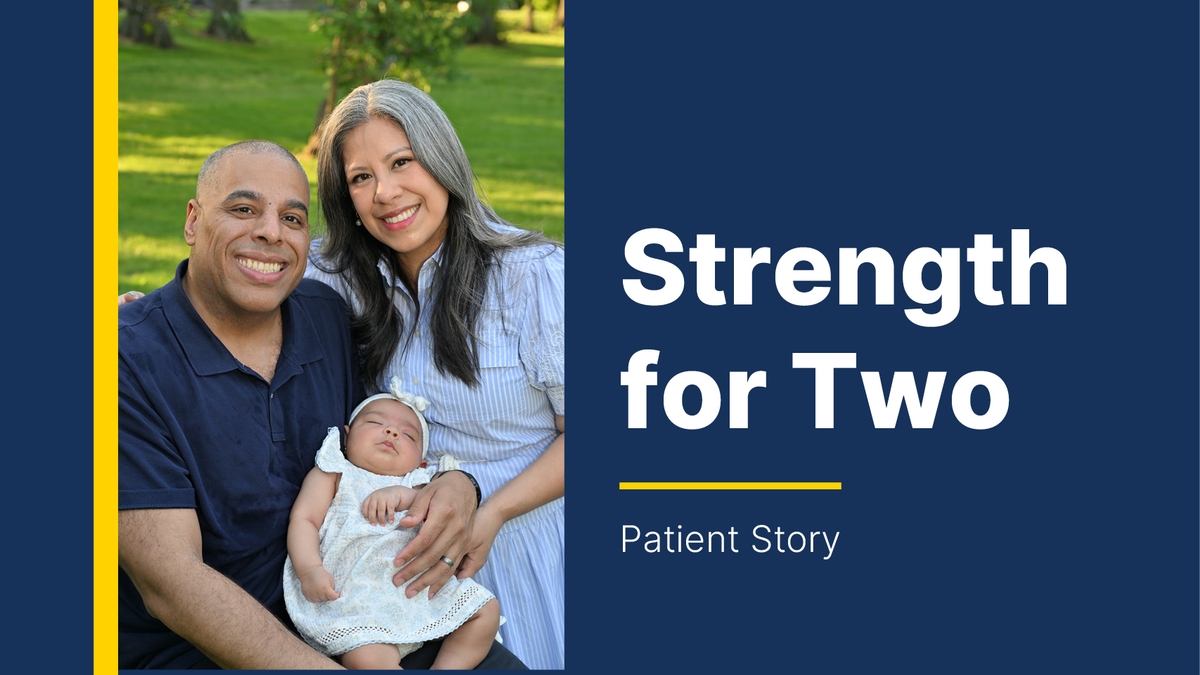 A portrait of a couple with their newborn baby in an outdoor setting with headline Strength for Two